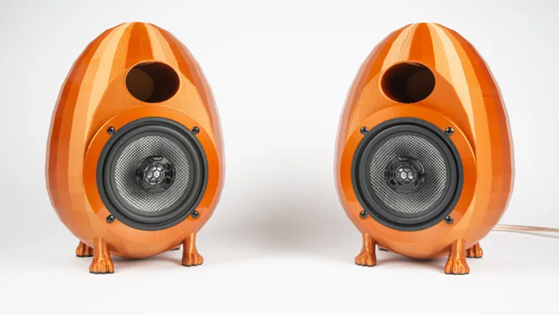 A 3D-printed egg-shaped speaker cabinet